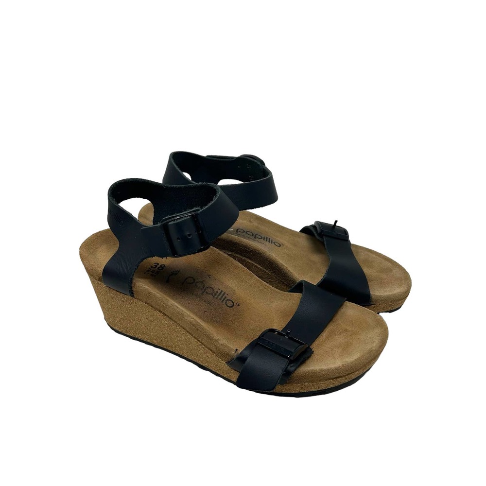 Birkenstock by Papillio Soley Leather Black Wedge Sandals Size 38 US 7 7.5